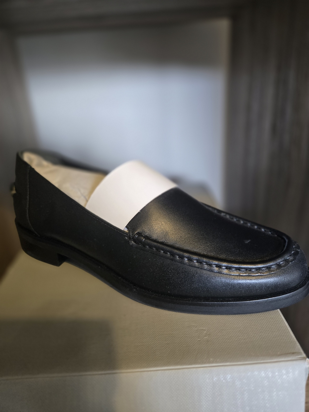 Black Leather Penny Loafers with White Accent - Men